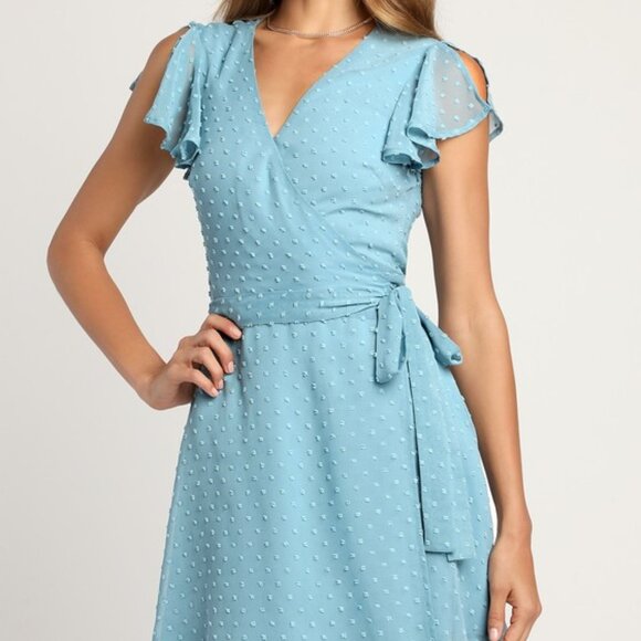 Lulus Dresses & Skirts - Lulus Much To Celebrate Slate Swiss Dot Flutter Sleeve Wrap Mini Dress Blue